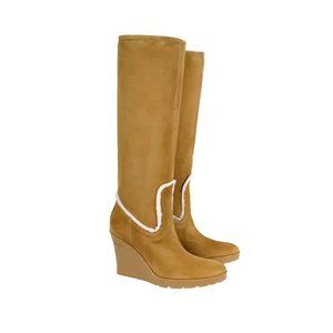 New Gucci Light Cognac Merino Lambskin Shearling Wedge Boots Size 6.5